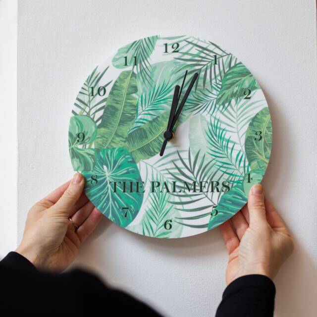 Tropical Leaf Personalised Wall Clock - Family New Home Gift Illustrated Acrylic - Gifting Knot UK Made - image 1