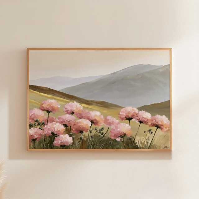 Pink Floral Mountain Poster, Soft Landscape Wall Art, Botanical Print - image 1
