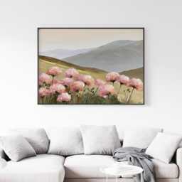 Pink Floral Mountain Poster, Soft Landscape Wall Art, Botanical Print - thumbnail 2