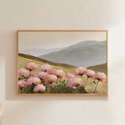 Pink Floral Mountain Poster, Soft Landscape Wall Art, Botanical Print - thumbnail 1
