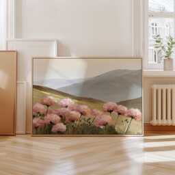 Pink Floral Mountain Poster, Soft Landscape Wall Art, Botanical Print - thumbnail 4