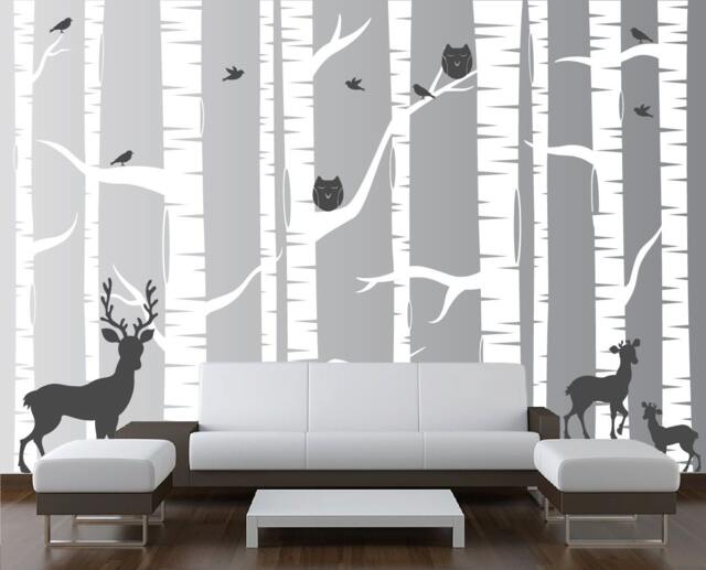 Nursery Birch Tree Wall Decal Forest With Owl Birds & Deer Vinyl Sticker Removable Kids Decor Woodland White Art - 10 Trees 1323 - image 1