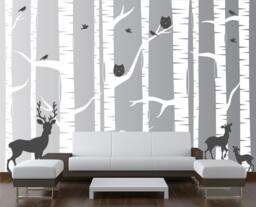 Nursery Birch Tree Wall Decal Forest With Owl Birds & Deer Vinyl Sticker Removable Kids Decor Woodland White Art - 10 Trees 1323