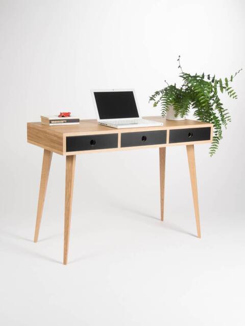 Small Oak Wood Desk - Mid-Century Modern Bureau With Black Drawers - image 1