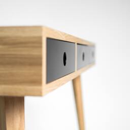Small Oak Wood Desk - Mid-Century Modern Bureau With Black Drawers - thumbnail 3