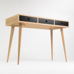 Small Oak Wood Desk - Mid-Century Modern Bureau With Black Drawers - thumbnail 2