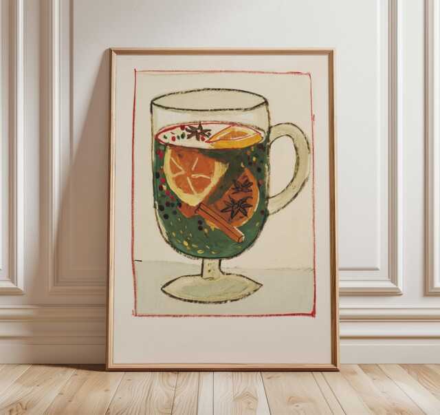 Mulled Wine Wall Art, Festive Drink Illustration, Warm Winter Kitchen Poster, Gouache Beverage Print, Cozy Holiday Home Decor - image 1