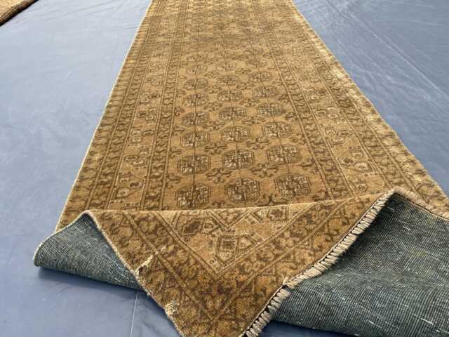 Vintage Khaki Runner, Gold Bukhara Rug, 2.7x12.6 Ft Long Afghan Hallway Antique Muted Ochre Wool Earth Tone Tribal Stairs Runner - image 1