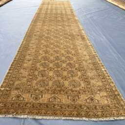 Vintage Khaki Runner, Gold Bukhara Rug, 2.7x12.6 Ft Long Afghan Hallway Antique Muted Ochre Wool Earth Tone Tribal Stairs Runner - thumbnail 3