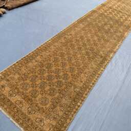 Vintage Khaki Runner, Gold Bukhara Rug, 2.7x12.6 Ft Long Afghan Hallway Antique Muted Ochre Wool Earth Tone Tribal Stairs Runner - thumbnail 4