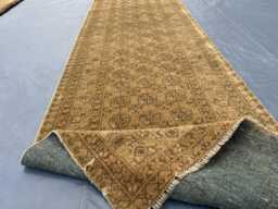 Vintage Khaki Runner, Gold Bukhara Rug, 2.7x12.6 Ft Long Afghan Hallway Antique Muted Ochre Wool Earth Tone Tribal Stairs Runner - thumbnail 1