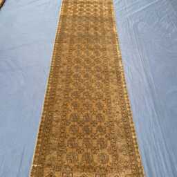 Vintage Khaki Runner, Gold Bukhara Rug, 2.7x12.6 Ft Long Afghan Hallway Antique Muted Ochre Wool Earth Tone Tribal Stairs Runner - thumbnail 2
