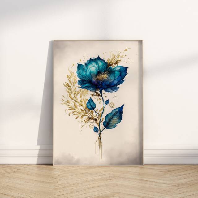 Blue Floral Watercolor Print Teal Turquoise Gold Filigree Art - image 1