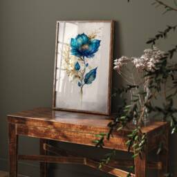 Blue Floral Watercolor Print Teal Turquoise Gold Filigree Art - thumbnail 3