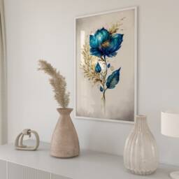 Blue Floral Watercolor Print Teal Turquoise Gold Filigree Art - thumbnail 2