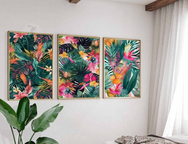 Floral Set Of 3 Posters, Boho Leaf Wall Print, Tropical Decor, Jungle Aesthetic, Art, Print - image 1