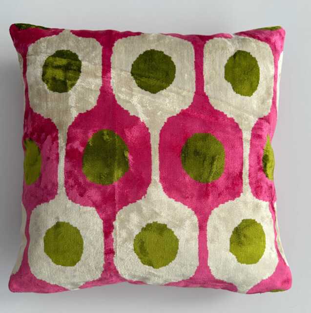 Silk Velvet Cushion Cover, Pink Ogival Ikat Pillow, Turkish Italian Jacquard Cushion, Decorative Pillow 16''x16''/40x40 cm - image 1