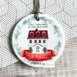 Personalised First Christmas At Address in New Home House Wreath Design Acrylic Or Ceramic Round Ornament Keepsake