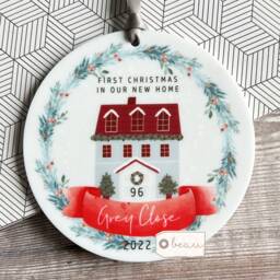 Personalised First Christmas At Address in New Home House Wreath Design Acrylic Or Ceramic Round Ornament Keepsake - thumbnail 3