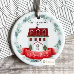Personalised First Christmas At Address in New Home House Wreath Design Acrylic Or Ceramic Round Ornament Keepsake - thumbnail 2