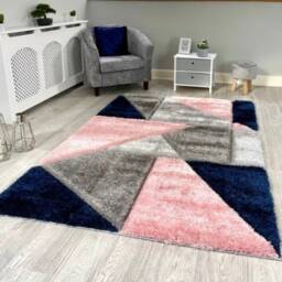 New Silky Soft Pink, Navy, Grey, Silver, Tufted Triangles 3D Design Rug