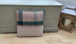 Handmade Katrine Wool Effect Tartan Tweed Plaid Throw Pillow Sham Cushion Cover Teal Beige Tweed With Pompom Trim - thumbnail 1