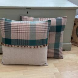 Handmade Katrine Wool Effect Tartan Tweed Plaid Throw Pillow Sham Cushion Cover Teal Beige Tweed With Pompom Trim - thumbnail 2