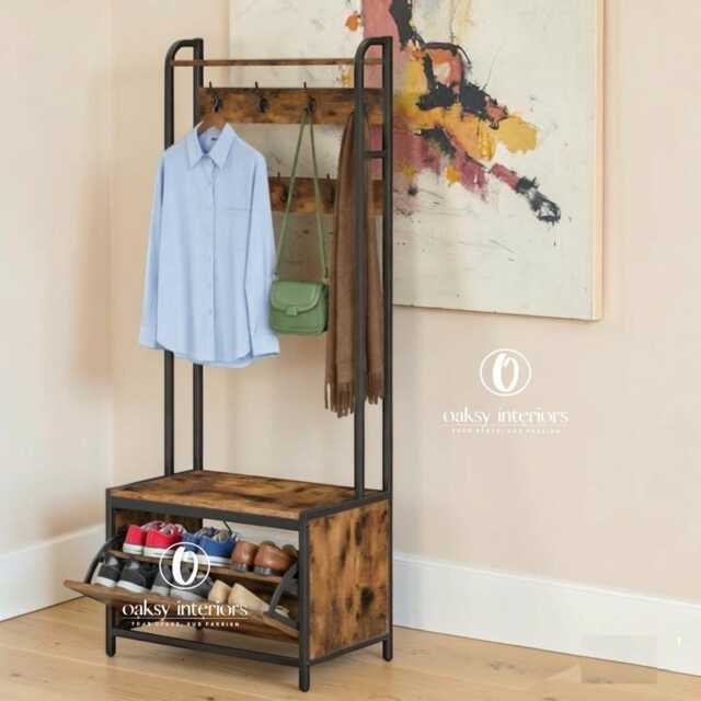 Rustic Industrial Hall Tree, Coat Rack With Shoe Storage Bench, Entryway Organizer - image 1