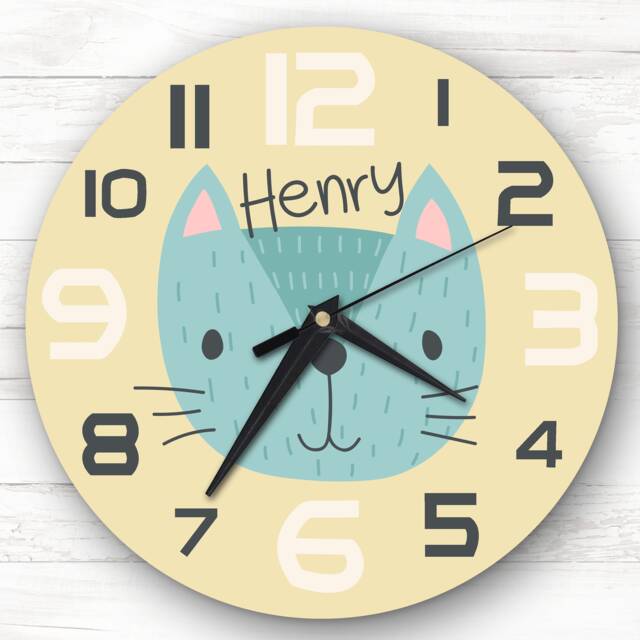 Kids Baby Girls Boys Room Cute Cat Face Custom Gift Personalised Clock - image 1