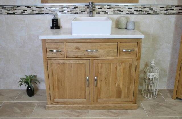 Bathroom Vanity Unit - Solid Oak With White Marble Top & Ceramic Basin Choice 1161Wmcbc - image 1