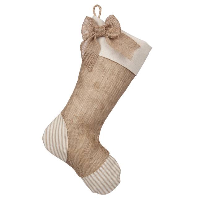 Burlap Christmas Stocking With Tan Stripes, Heel & Toe Patches, Handmade Bow - Style A - image 1