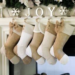 Burlap Christmas Stocking With Tan Stripes, Heel & Toe Patches, Handmade Bow - Style A - thumbnail 2