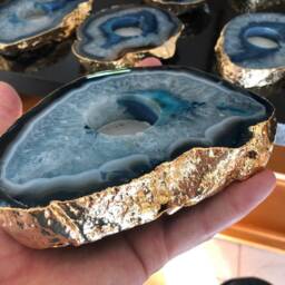 Large Blue Agate Slice Microcrystalline Quartz Gold Gilded 24Ct Tealight Candle Holder Ornament Gift - thumbnail 4
