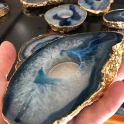 Large Blue Agate Slice Microcrystalline Quartz Gold Gilded 24Ct Tealight Candle Holder Ornament Gift - thumbnail 2