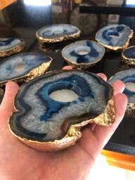 Large Blue Agate Slice Microcrystalline Quartz Gold Gilded 24Ct Tealight Candle Holder Ornament Gift