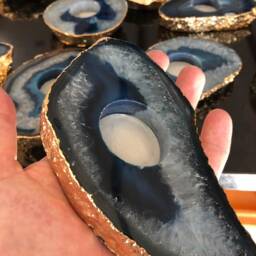 Large Blue Agate Slice Microcrystalline Quartz Gold Gilded 24Ct Tealight Candle Holder Ornament Gift - thumbnail 3