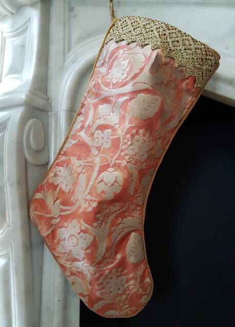 Luxury Christmas Stocking Fortuny Fabric Bittersweet & Silvery Gold Persepolis Pattern - Made in Italy - image 1