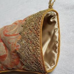 Luxury Christmas Stocking Fortuny Fabric Bittersweet & Silvery Gold Persepolis Pattern - Made in Italy - thumbnail 3