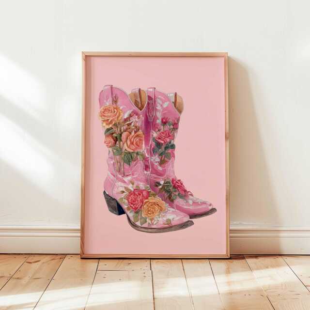 Floral Cowgirl Boots Print - Pink Western Wall Art, Country Girl Poster, Rodeo Aesthetic Decor, Boho Art For Bedroom Or Nursery - image 1