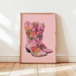 Floral Cowgirl Boots Print - Pink Western Wall Art, Country Girl Poster, Rodeo Aesthetic Decor, Boho Art For Bedroom Or Nursery - thumbnail 1