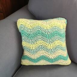 Throw Pillow, Vegan Cushion Cover Hand Crochet, Soft Green, Turquoise Blue Textured By Spinningstreak - thumbnail 2