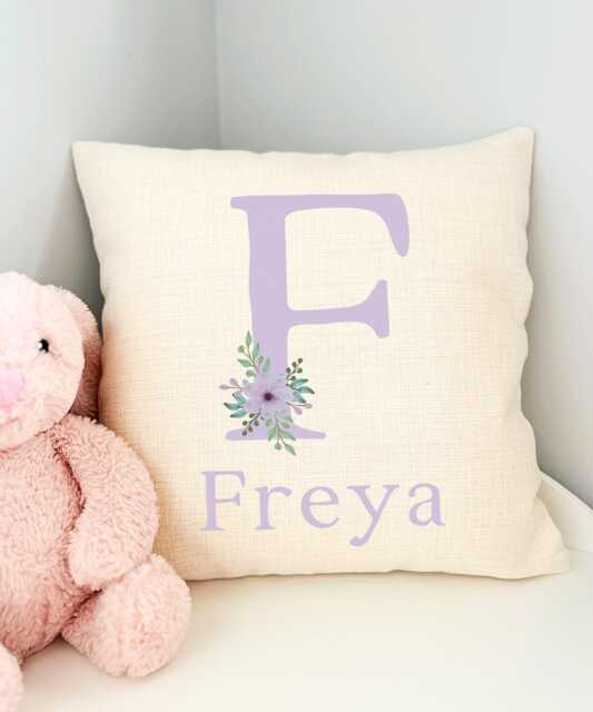 Lilac Nursery Decor, Girls Personalised Cushion, Floral Pillow, Flower Theme Nursery, Violet Baby Girl Purple - image 1