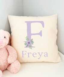 Lilac Nursery Decor, Girls Personalised Cushion, Floral Pillow, Flower Theme Nursery, Violet Baby Girl Purple - thumbnail 1