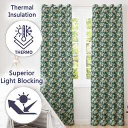 White Blossom Floral Branches On Teal Background Seamless Pattern Botanical Readymade Eyelet Ring Top Thermal 100% Blackout Curtains - thumbnail 3