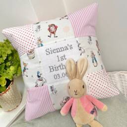 Peter Rabbit?? 1st Birthday Cushion Pink - Personalised Baby Girl Gift First Grey Nursery Bunny Decor - thumbnail 3