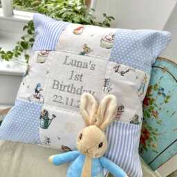 Peter Rabbit?? 1st Birthday Cushion Pink - Personalised Baby Girl Gift First Grey Nursery Bunny Decor - thumbnail 2