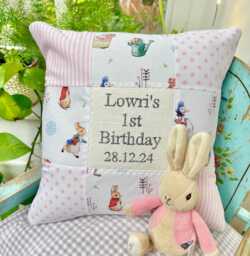 Peter Rabbit?? 1st Birthday Cushion Pink - Personalised Baby Girl Gift First Grey Nursery Bunny Decor - thumbnail 1