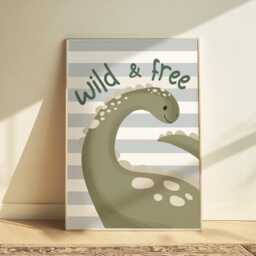 Wild & Free Dinosaur Print, Brachiosaurus Diplodocus Print in Blue Sage Green, Boy Nursery Decor, Kids Bedroom - thumbnail 2