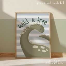 Wild & Free Dinosaur Print, Brachiosaurus Diplodocus Print in Blue Sage Green, Boy Nursery Decor, Kids Bedroom - thumbnail 1