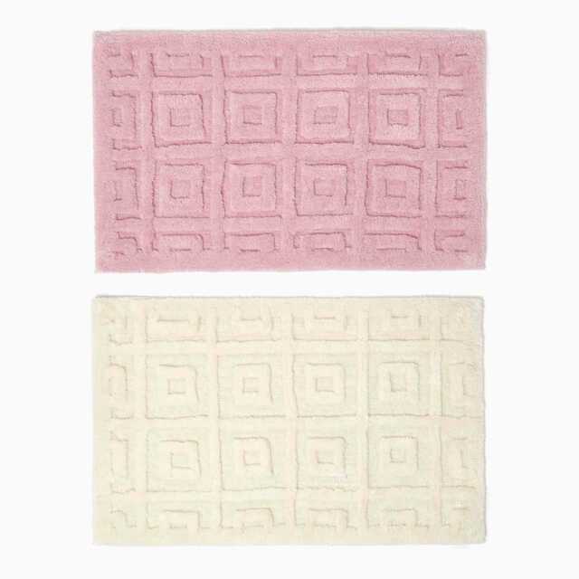Tufted Tile Bath Mat Cotton Blend 50x80 cm, Super Absorbent & Non-Slip, Geometric Square Design in Cream & Blush Pink - image 1